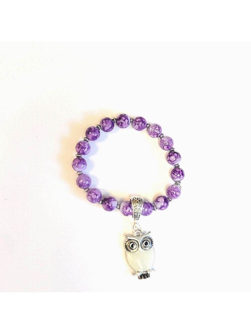 Snowflake Beaded Silver Owl Charm Purple 7 Inch Bracelet
